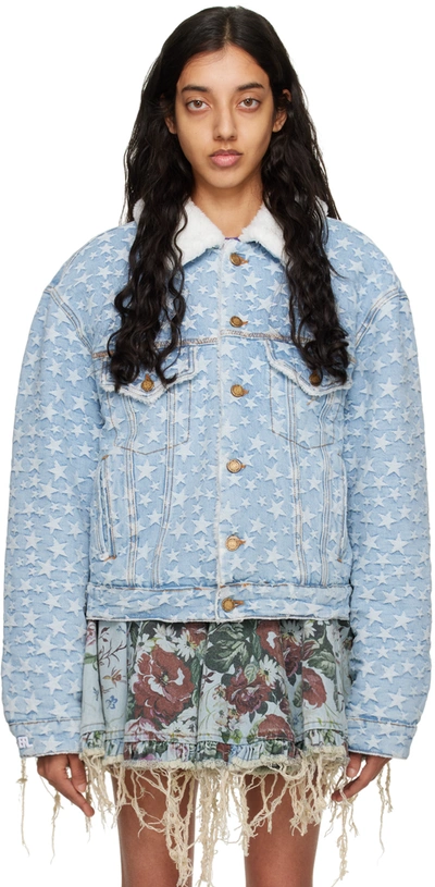 Erl Fleece-trimmed Denim-jacquard Jacket In Light Blue