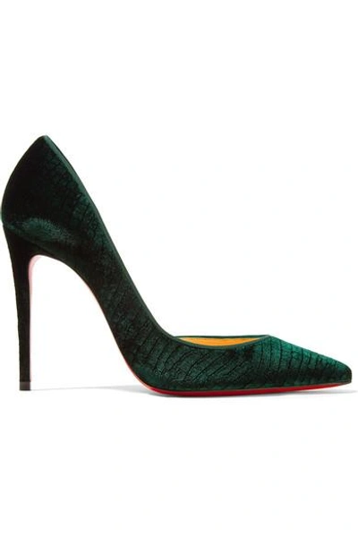 Christian Louboutin Iriza 100 Croc-effect Velvet Pumps In Emerald