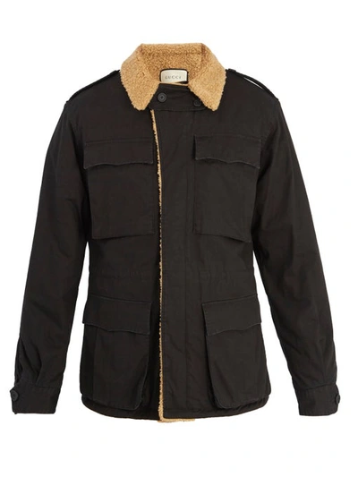 Gucci Faux Shearling-lined Logo-printed Cotton-canvas Jacket In Black