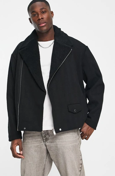 Asos Design Oversized Wool Moto Jacket With Teddy Collar In Black