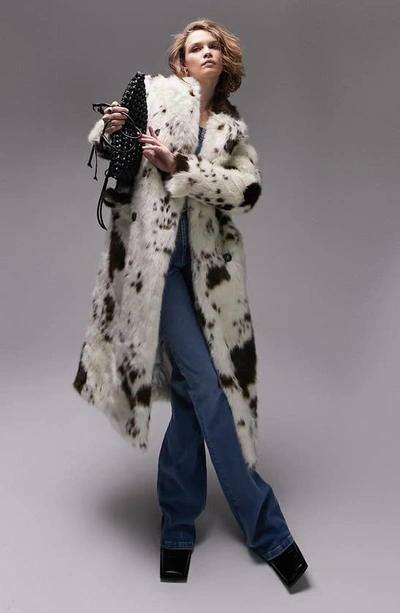Topshop Oversized Longline Faux Fur Coat In Cow Print-multi ModeSens