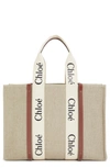 Chloé Woody Large Leather-trimmed Cotton-canvas Tote In White - Brown 1