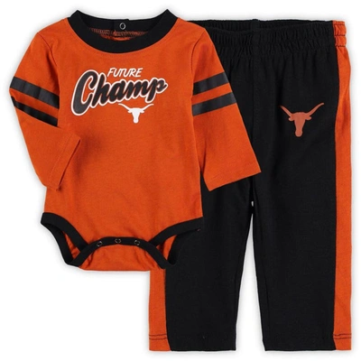 Outerstuff Babies' Newborn & Infant Texas Orange/black Texas Longhorns Little Kicker Long Sleeve Bodysuit & Sweatpants In Burnt Orange
