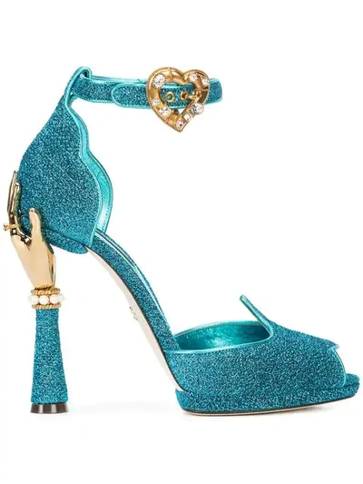 Dolce & Gabbana Sandal In Soft Lurex And Mordoré Nappa Leather With Sculpted Heel In Turquoise