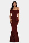 Betsy & Adam Petite Off The Shoulder Front Ruffle Cascade Dress In Bordeaux