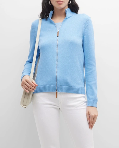 Lafayette 148 Cotton/silk Tape Fitted Bomber Sweater In Cool Blue