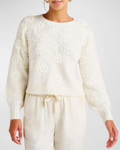 Splendid Margo Floral Applique Knit Sweater In Marshmallow