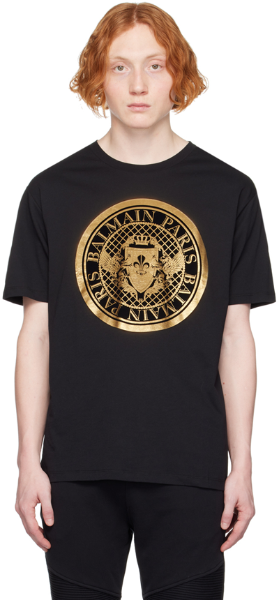 Balmain Coin Foiled T-shirt In Black,gold
