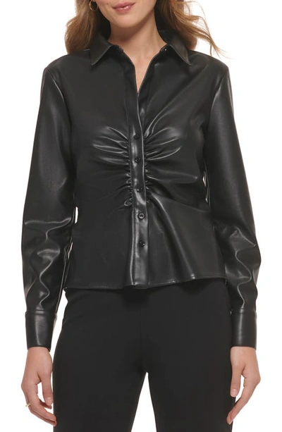Dkny Ruched Faux Leather Button-up Blouse In Black