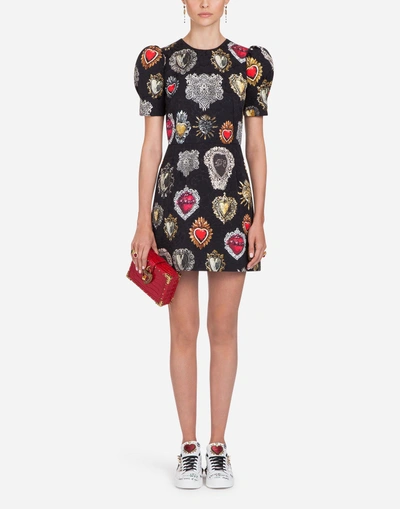 Dolce & Gabbana Heart-print Puff-sleeved Mini Dress In Black