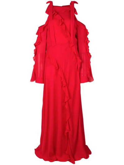 Elie Saab Cold-shoulder Ruffled Silk-georgette Gown In Red
