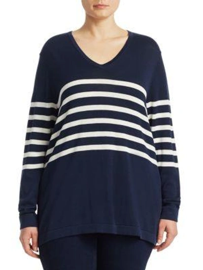 Marina Rinaldi Striped Wool Sweater In Navy Blue