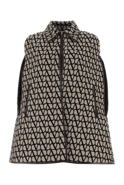 Valentino Leather-trimmed Canvas-jacquard Cape In Beige