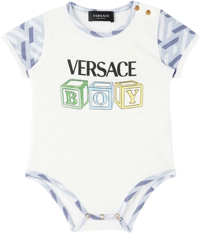Versace Baby White & Blue Greca Bodysuit In 6w080