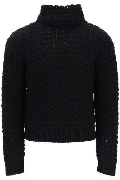 Valentino Cable Knit Turtleneck Sweater In Black