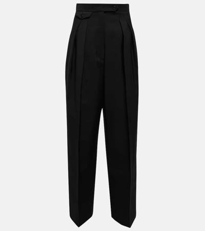 The Row Marcellita Pleated Wool And Mohair-blend Piqué Wide-leg Trousers In Black