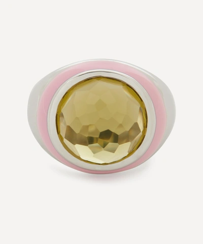 Adore Adorn Rhodium-plated Silver Bubblegum Enamel Cabochon Olive Quartz Dome Ring