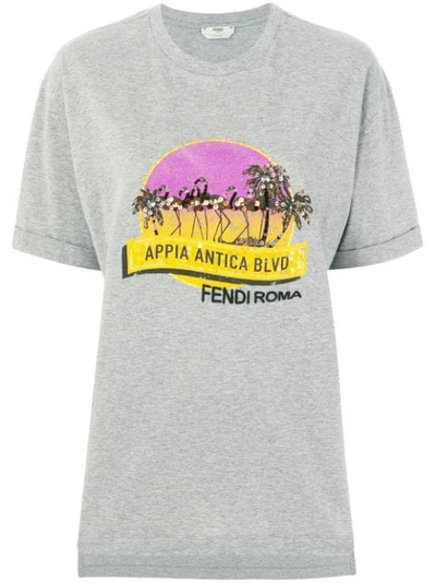 Fendi Grey Sequinned 'appia Antica Blvd' T-shirt In Grey Melange