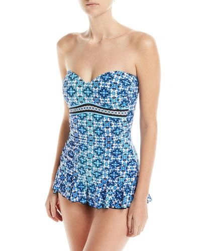 Profile By Gottex Collage Printed Bandeau One-piece Swimdress In Multi Blue