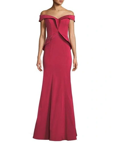 Rene Ruiz Off-the-shoulder Framed Peplum Gown In Dark Red
