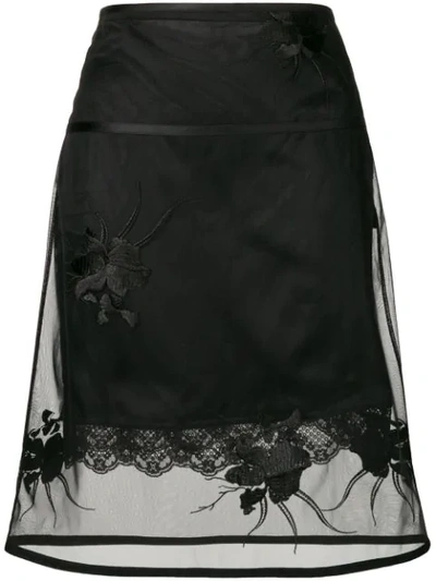 Helmut Lang Orchid-embroidery A-line Organza Skirt In Black