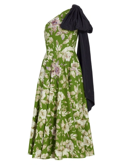 Erdem Johanne Jeweled Floral Print One-shoulder Midi Dress With Bow In Green Multi
