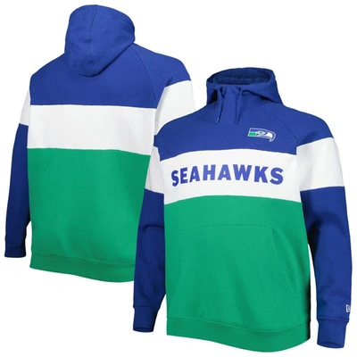 New Era Royal/green Seattle Seahawks Big & Tall Throwback Colorblock Fleece Raglan Pullover Hoodie