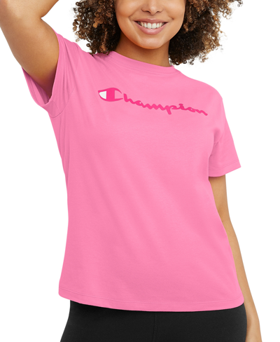 Champion Kids' Big Girls Classic Script Short Sleeve Graphic T-shirt In Pink Ribbon