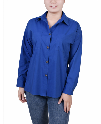 Ny Collection Petite Long Sleeve Blouse With Chest Pockets In Electric Blue Lemonade