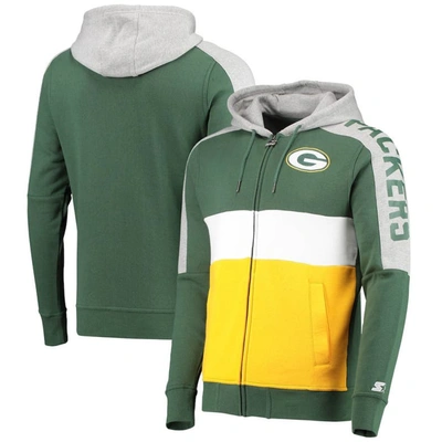Starter Men's Green, Gold-tone Green Bay Packers Playoffs Color Block Full-zip Hoodie In Green,gold-tone