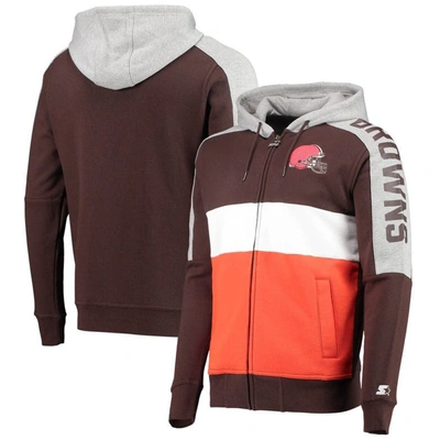 Starter Men's Brown, Orange Cleveland Browns Playoffs Color Block Full-zip Hoodie In Brown,orange