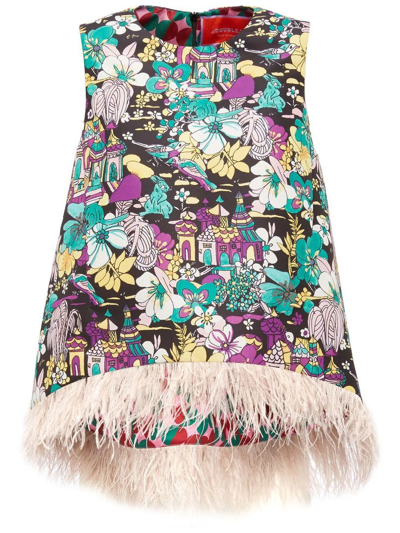 La Doublej La Scala Feather-trim Jacquard Top In Black