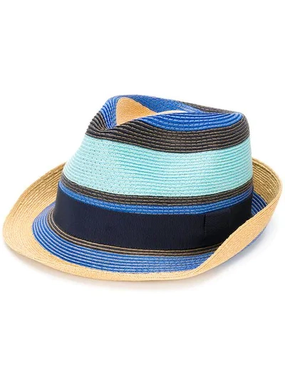 Etro Tricolor Straw Fedora Hat In Blue