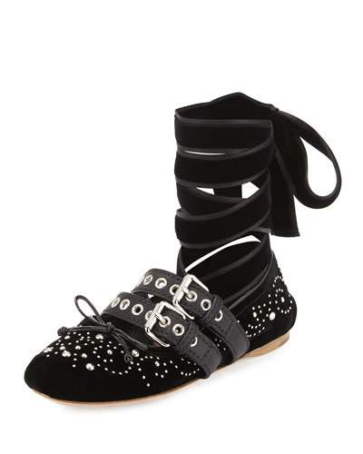 Miu Miu Strapped Studded Velvet Lace-up Ballet Flats In Nero | ModeSens