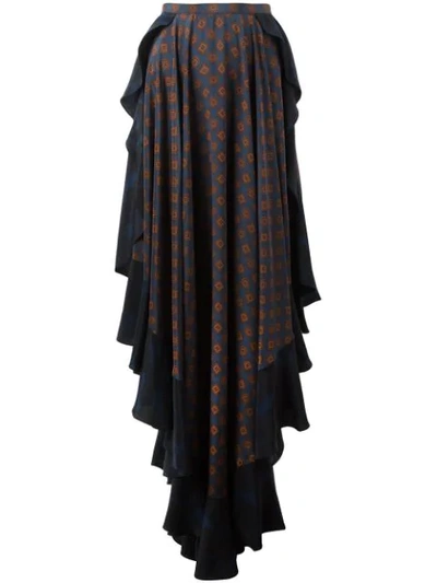Lanvin Asymmetric Ruffled Printed Silk Maxi Skirt In Blue