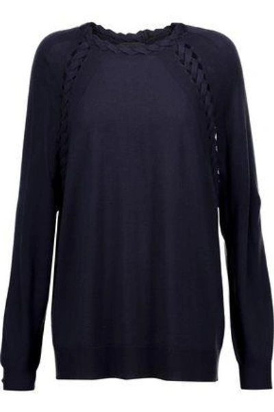 Belstaff Woman Cable Knit-trimmed Cashmere, Wool And Silk-blend Sweater Midnight Blue
