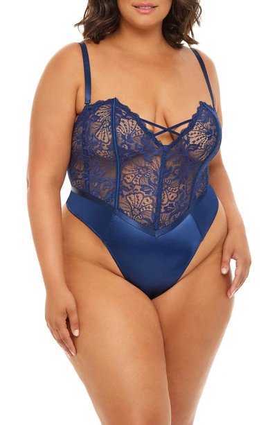 Oh La La Cheri Plus Size Andie Lace Teddy With Front Crossing Elastic Detail In Estate Blue