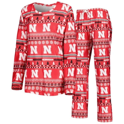 Concepts Sport Scarlet Nebraska Huskers Holiday Long Sleeve T-shirt And Pants Sleep Set