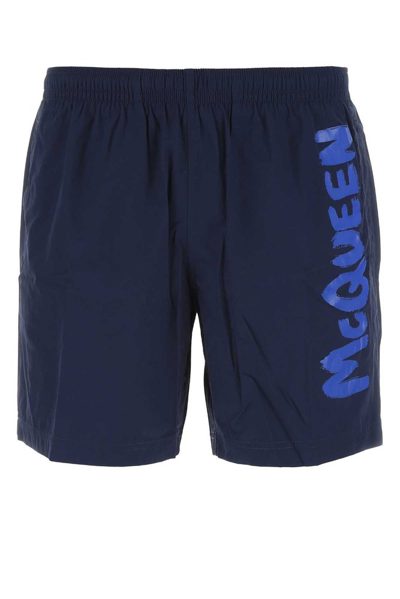 Alexander Mcqueen Graffiti Logo Swim Trunks In Blue