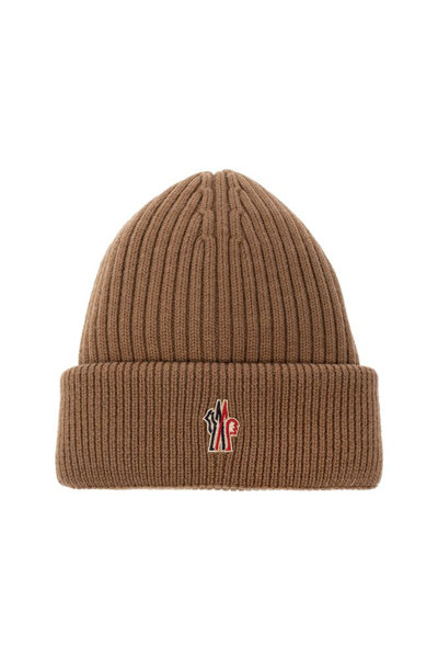 Moncler Ribbed Wool Beanie In Camel