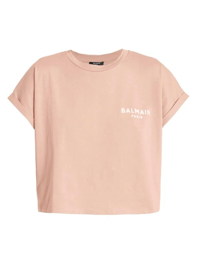 Balmain Women's Flocked Logo Cropped T-shirt In Rosa