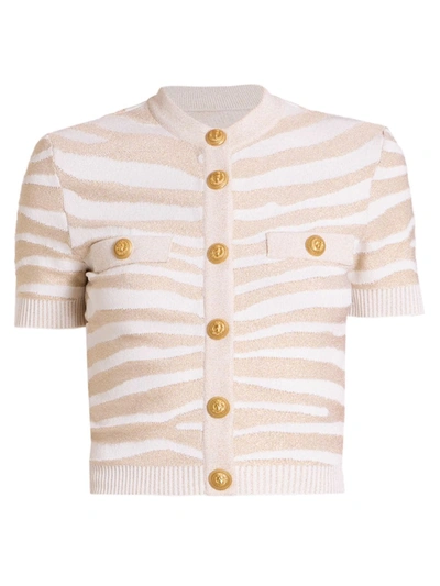Balmain Metallic Zebra Stripe Short Sleeve Cardigan In Blanc/or