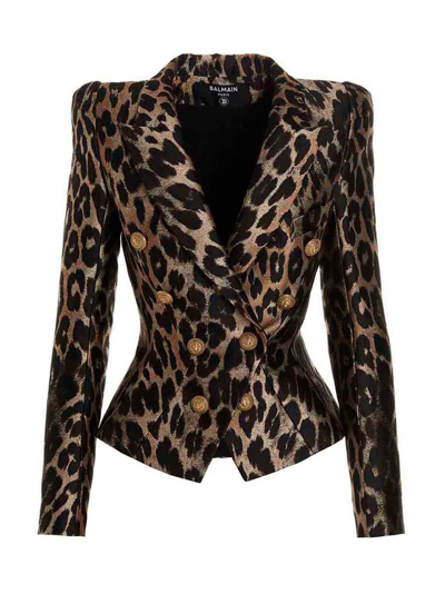 Balmain Double Breast Leopard Jacquard Blazer Jacket In Multicolor