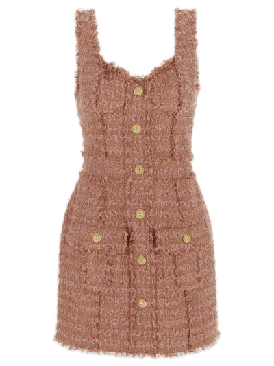 Balmain Button-embossed Strapped Tweed Short Dress In Pink
