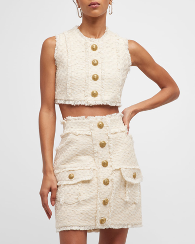Balmain Cropped Button-embellished Frayed Cotton-blend Tweed Top In White