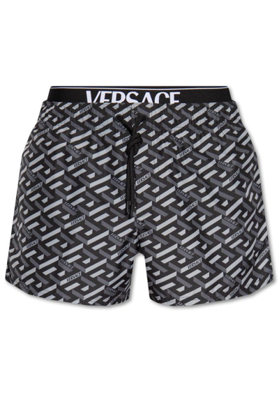 Versace Men's Logo Print Drawstring Swim Shorts In Nero