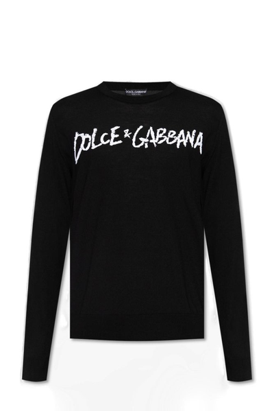 Dolce & Gabbana Dolce Gabbana Logo Embroidered Round Neck Sweater In Black