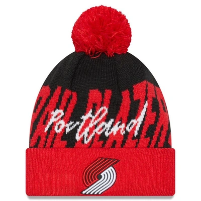 New Era Men's  Black, Red Portland Trail Blazers Confident Cuffed Knit Hat With Pom In Black,red