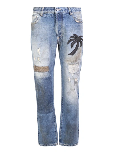 Palm Angels Palm Tree Patchwork Jeans In Blue