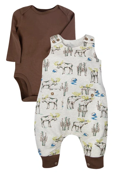 Oliver & Rain Babies' Organic Cotton Bodysuit & Moose Print Romper Set In Brown